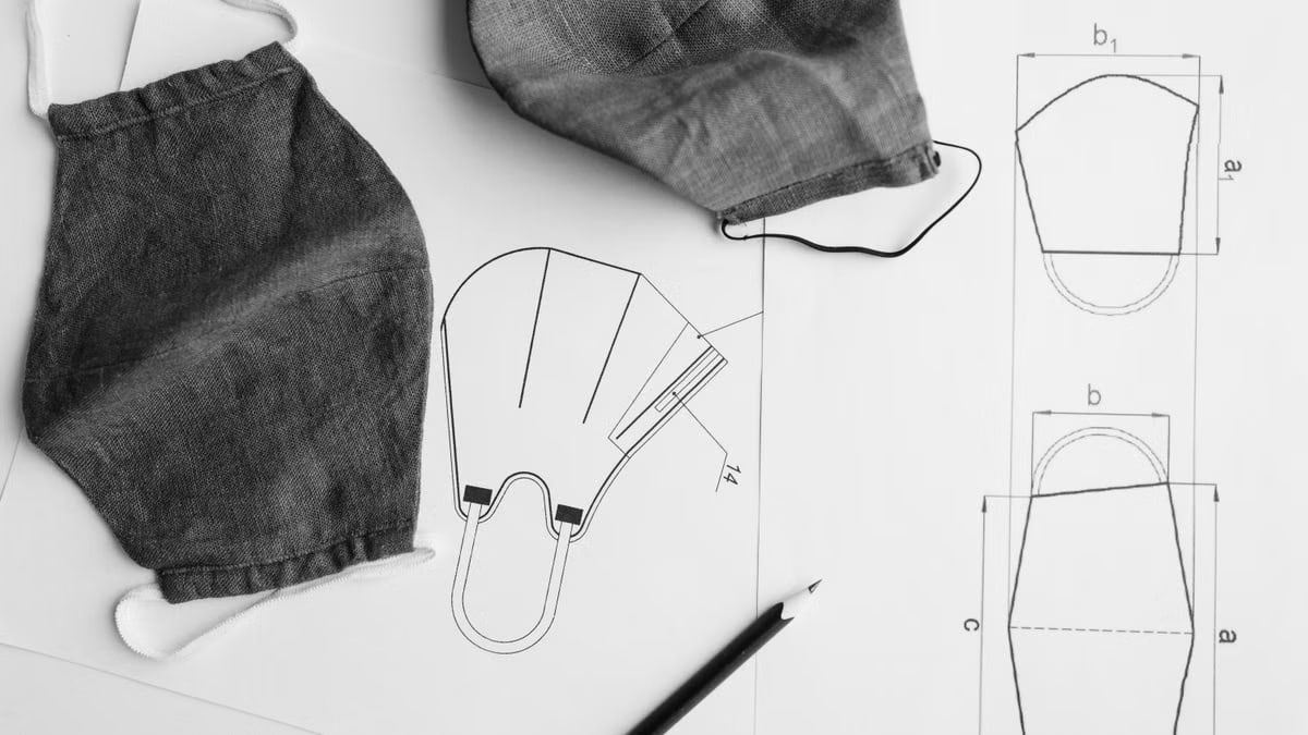 Detailed shot of fabric facemasks and sewing patterns, showcasing craft and design.
